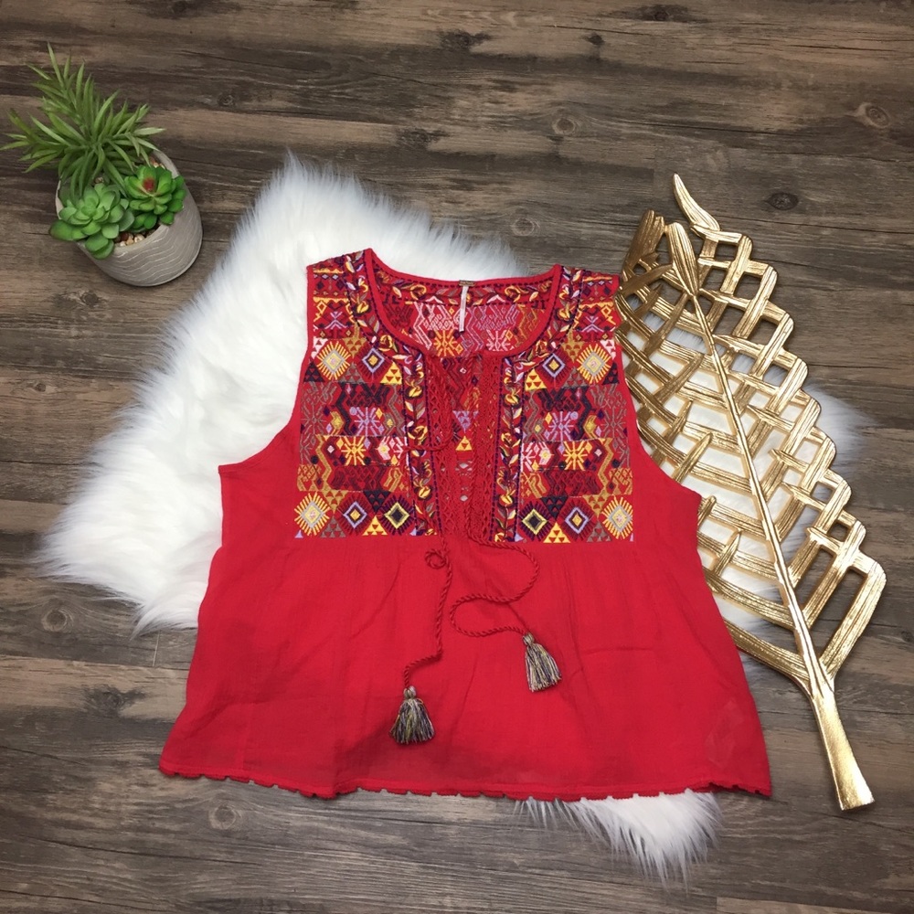 Free People Embroidery Deep V-Neck Top